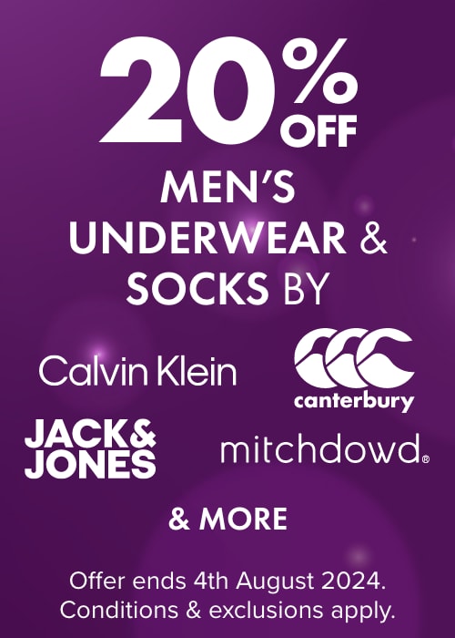 20% OFF Men's Underwear, Socks & Sleepwear by Calvin Klein, Canterbury, Mitchdowd, Jack & Jones & more