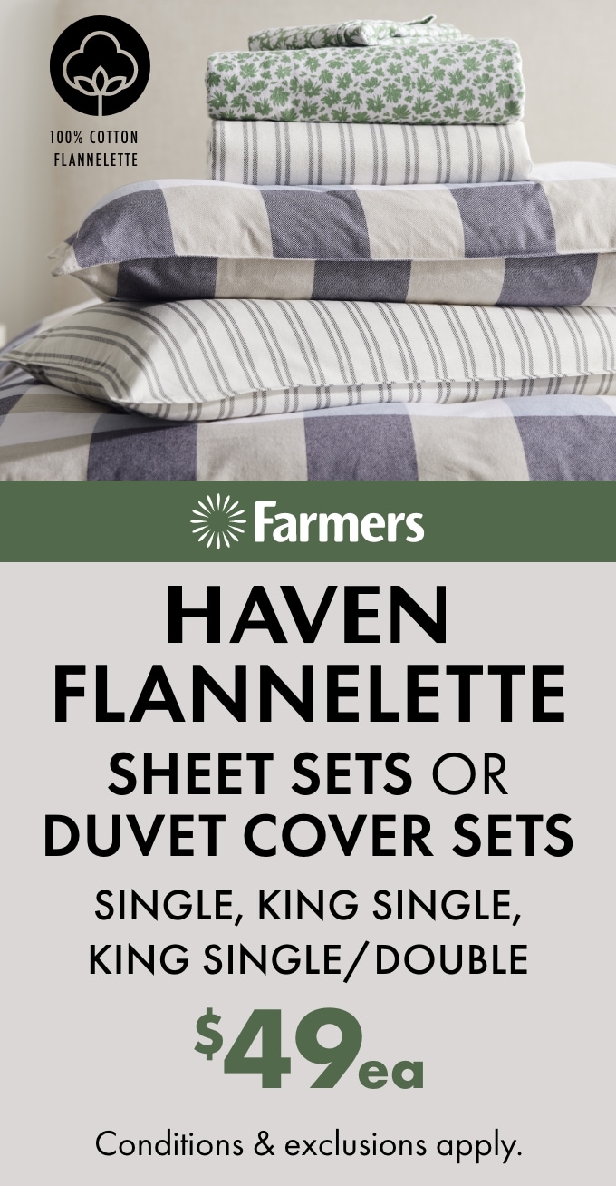 Haven Flannelette Sheet Sets or Duvet Cover Sets (Single, King Single, King Single/Double) $49ea
